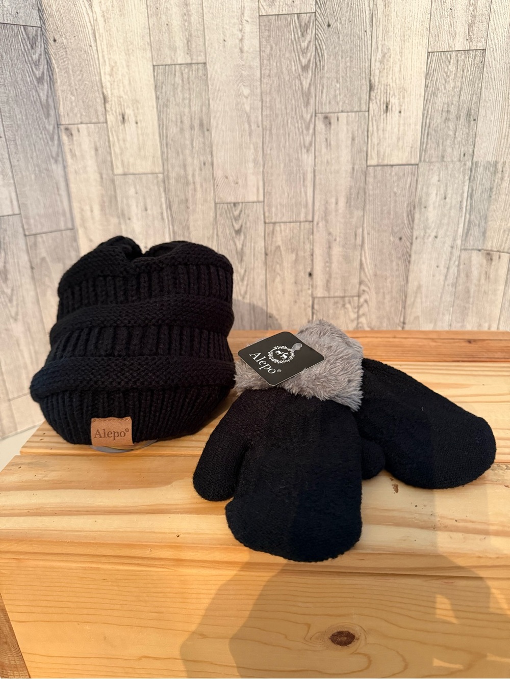 Children’s Black Faux-Fur Lined Knit Beanie and Mittens Set